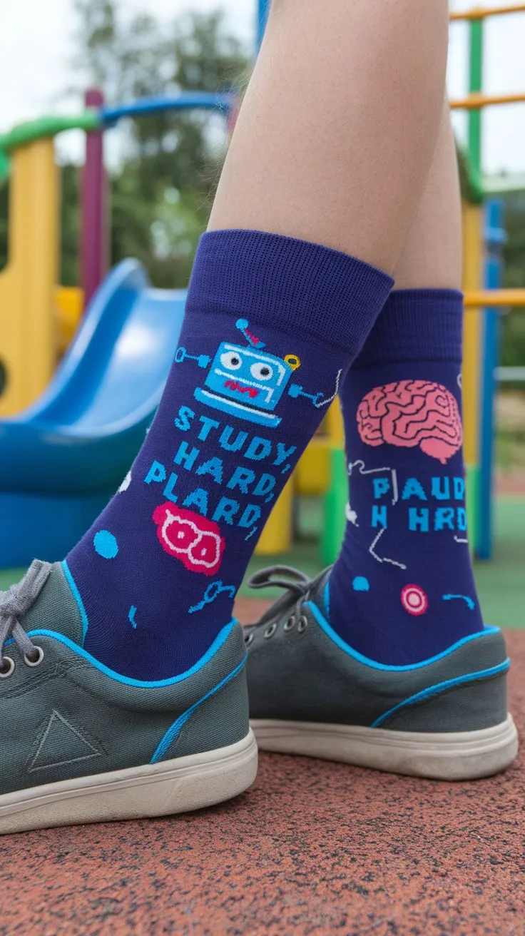 A close-up of nerdy graphic socks featuring a robot and brain design, worn with casual shoes.