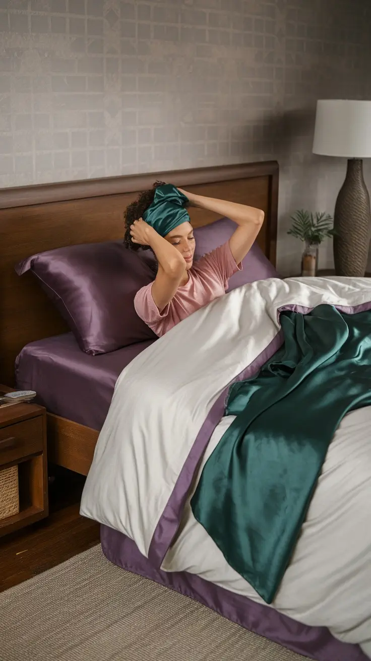 Person with curly hair wearing a head wrap in bed