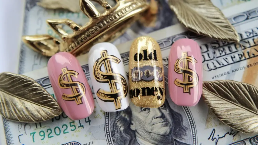 A photo of old money-inspired nails with a vintage touch. The nails have a gold theme, with a dollar sign and the text 