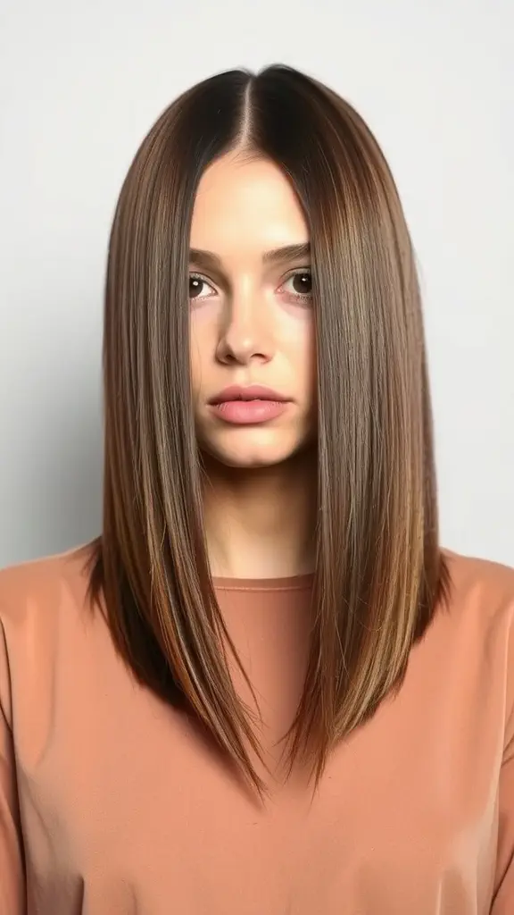 A model showcasing a pin straight long bob hairstyle with smooth, sleek hair.