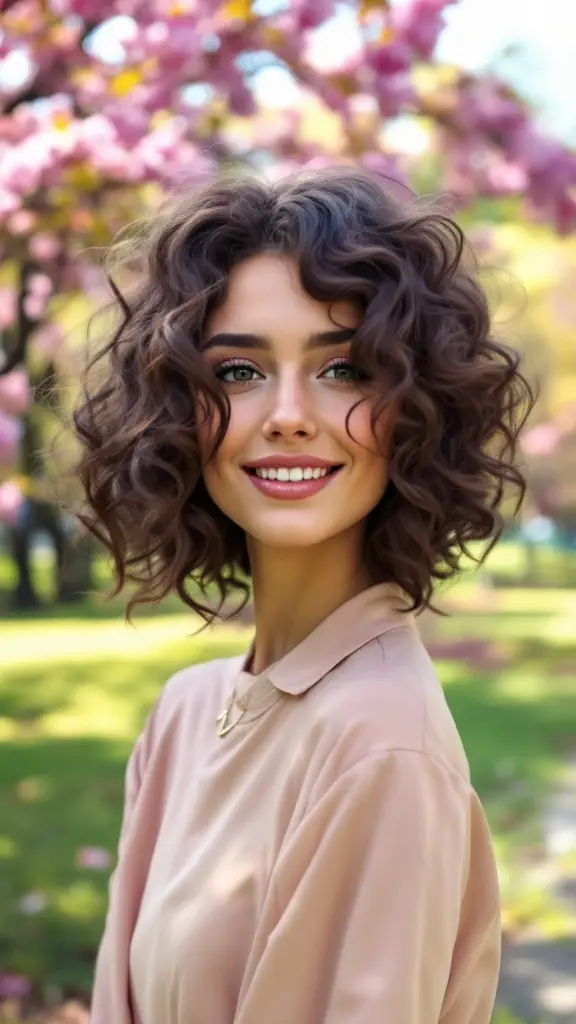 A curly shag hairstyle with bouncy curls, held against a green backdrop.
