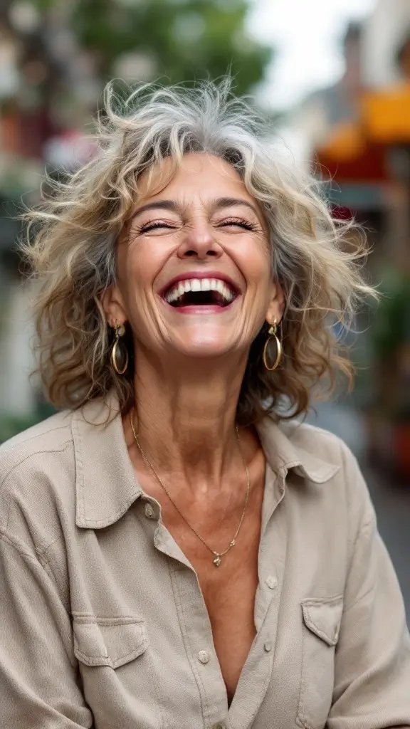 A woman with wavy hair laughing joyfully outdoors.