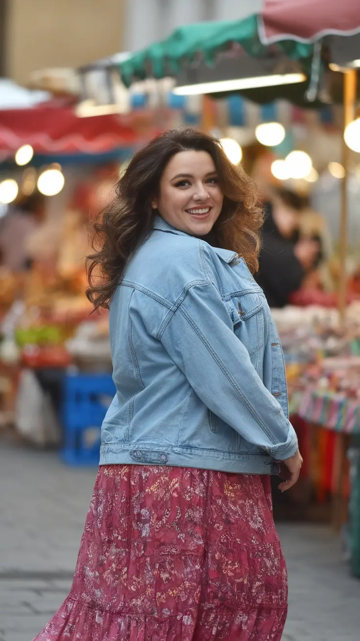 A woman smiling while wearing a denim jacket over a floral skirt, set against a vibrant market backdrop.