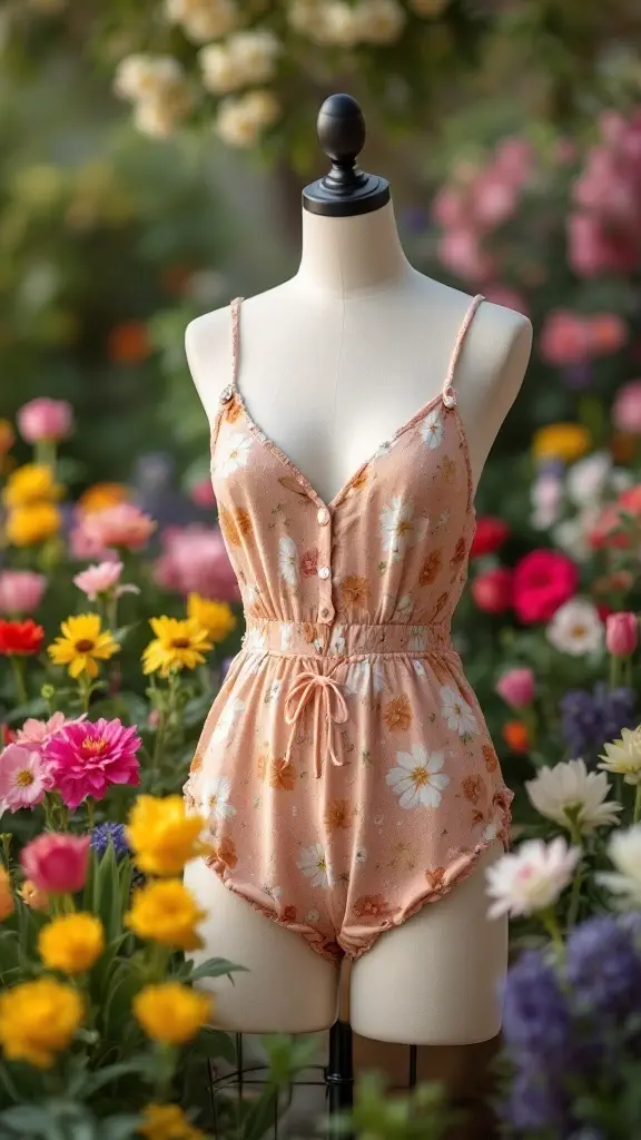 A playful peach floral romper displayed amongst colorful flowers.