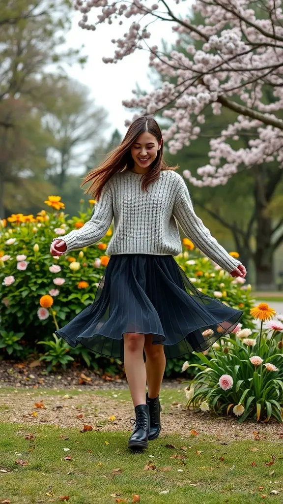 A woman wearing a cozy sweater and a flowing skirt, smiling as she twirls in a garden filled with colorful flowers.