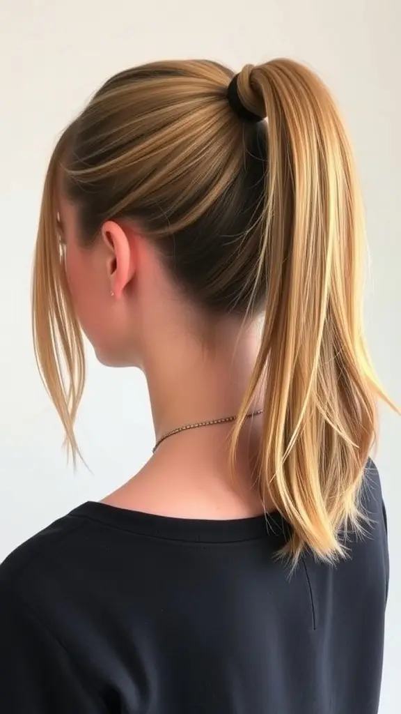 A woman with a long bob hairstyle pulled into a ponytail, showcasing a sleek and casual look.