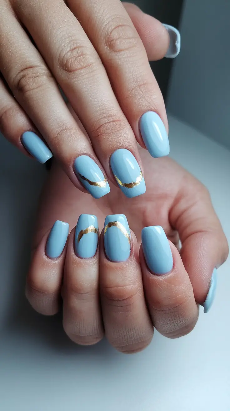 Beautiful powder blue nails with gold foil detailing