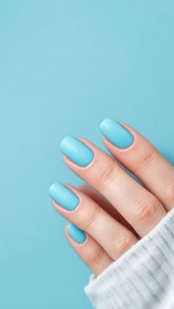 Hand with powder blue nails against a light blue background