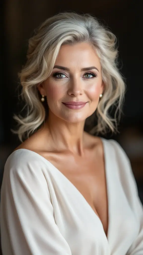 A woman with short wavy hair styled in a half-up fashion, wearing a white top and smiling.