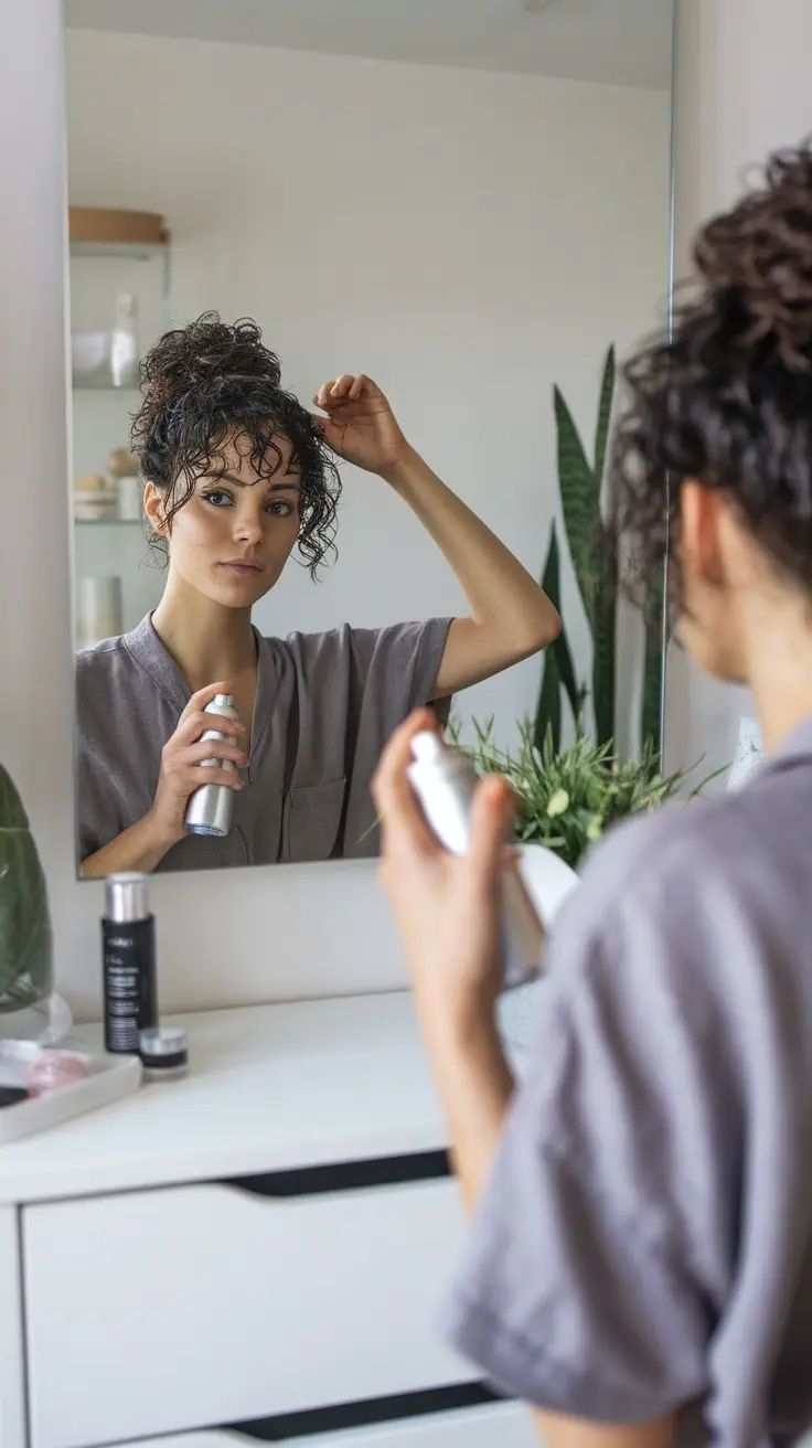 A person using a spray bottle in front of a mirror to refresh curly hair.
