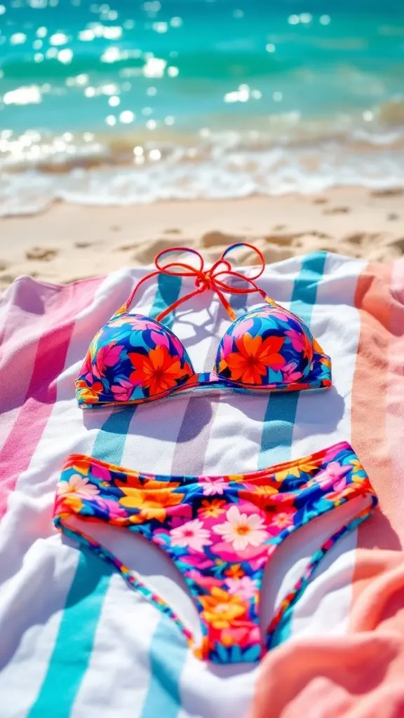Vibrant floral bikini set on a colorful beach towel by the ocean
