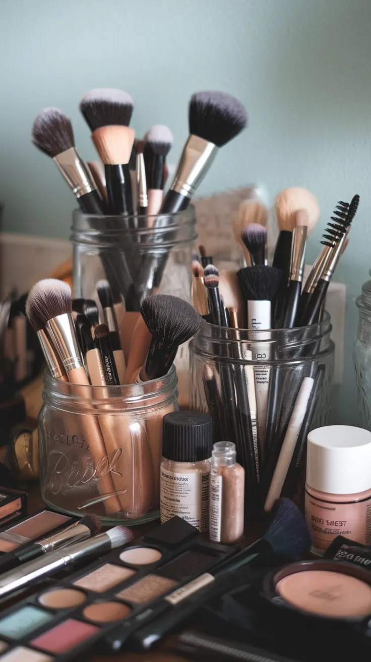 Makeup brushes organized in repurposed jars and containers.