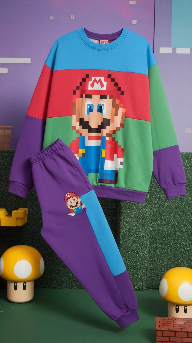 A colorful retro gaming sweatshirt featuring a pixel art character design, paired with matching joggers.