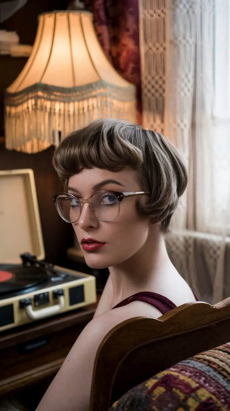 A woman with a retro inspired short haircut and glasses, sitting in a vintage setting with a record player.