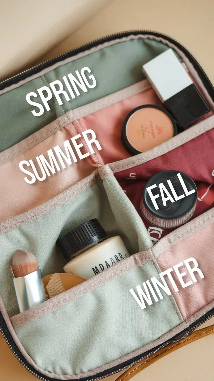 An organized makeup bag divided into four sections labeled for each season: spring, summer, fall, and winter.