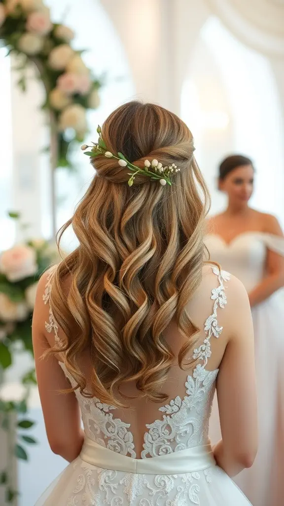 A woman with a romantic long bob hairstyle featuring soft curls and floral accents, wearing an elegant dress.
