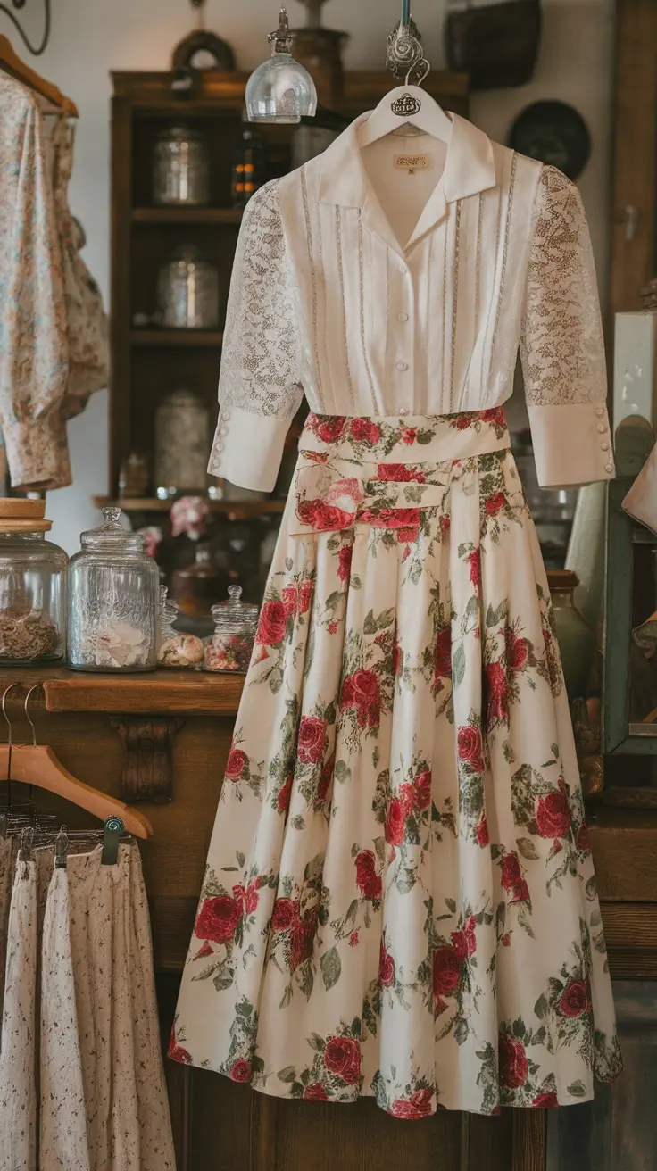 A vintage outfit featuring a lace blouse and a floral skirt hanging in a quaint store.