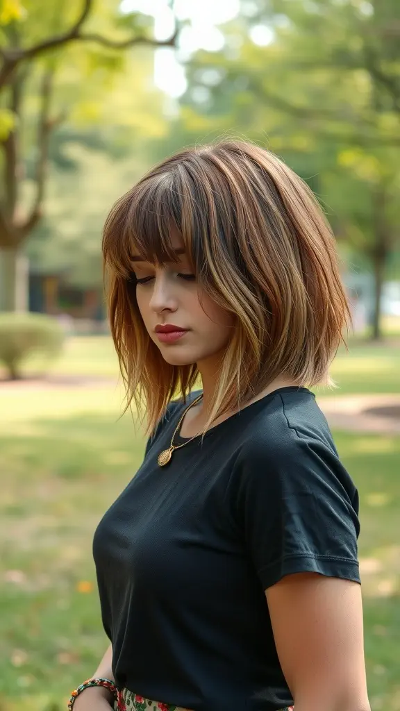 A woman with a shaggy long bob hairstyle, featuring warm tones and soft waves, standing in a park.