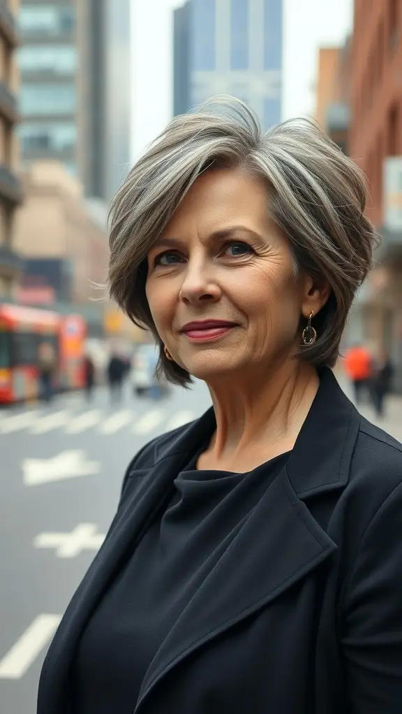 A stylish woman with a short layered haircut standing on a city street.
