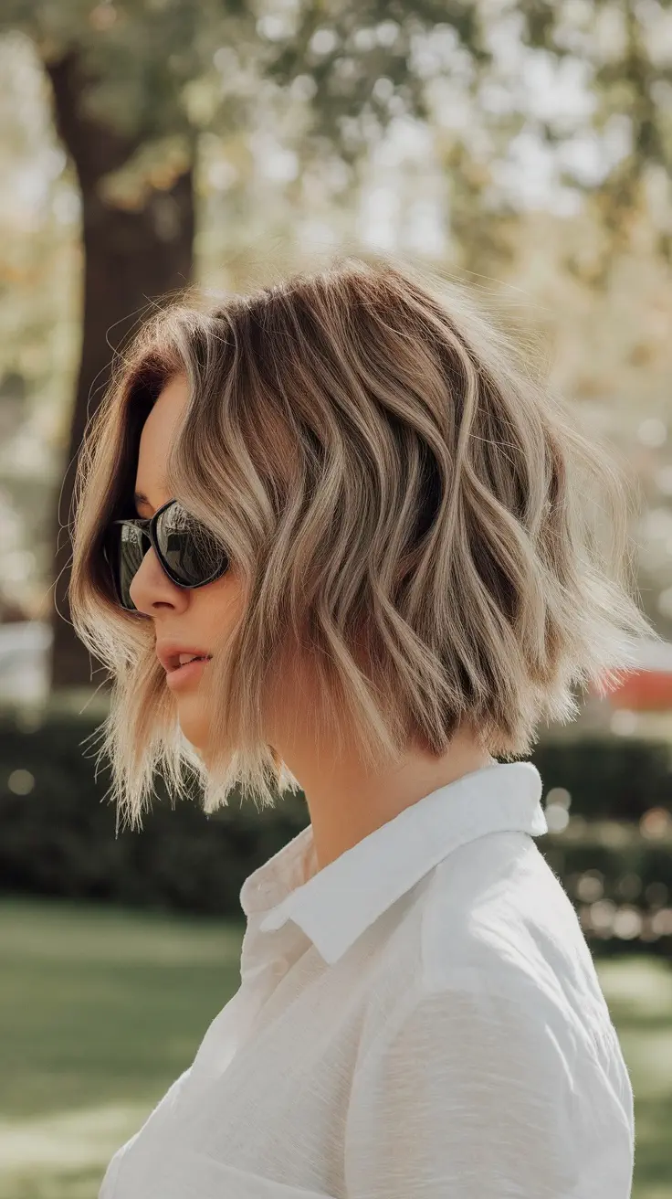 A woman with short, wavy hair and subtle highlights, wearing sunglasses in a sunny outdoor setting.