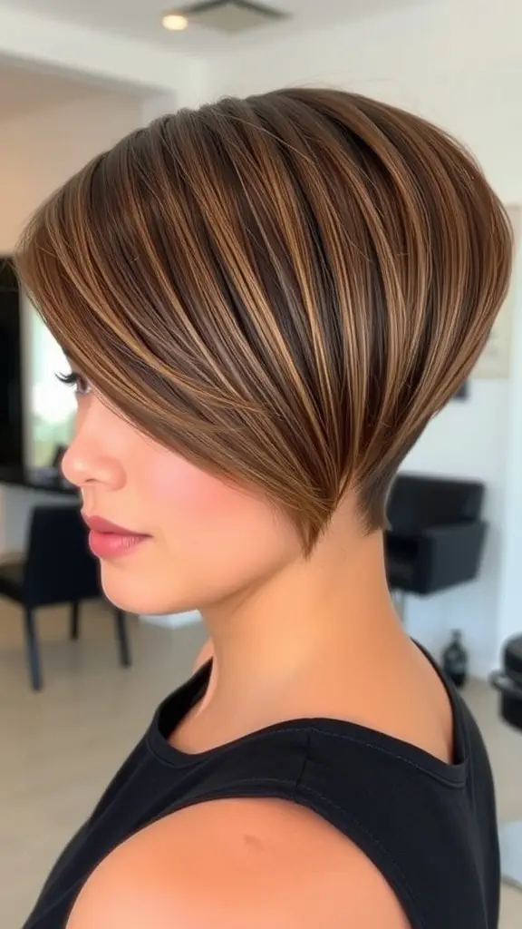 A model with sleek short hair styled in a modern bob, wearing a black blazer.