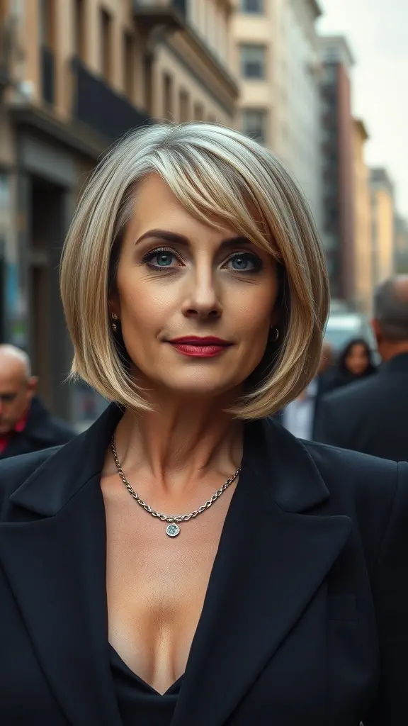 A woman with a sleek bob haircut, styled with blunt ends, standing in an urban setting.