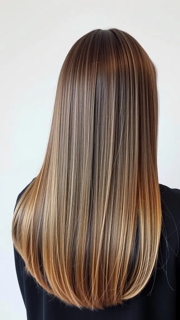 Back view of a sleek, straight long bob hairstyle with a blend of brown shades.