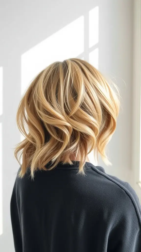 Short wavy hair with soft balayage in light and dark tones