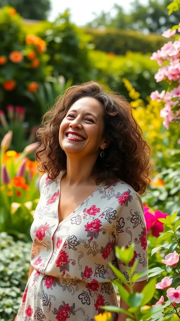 A woman with soft curly hair smiling in a colorful garden.