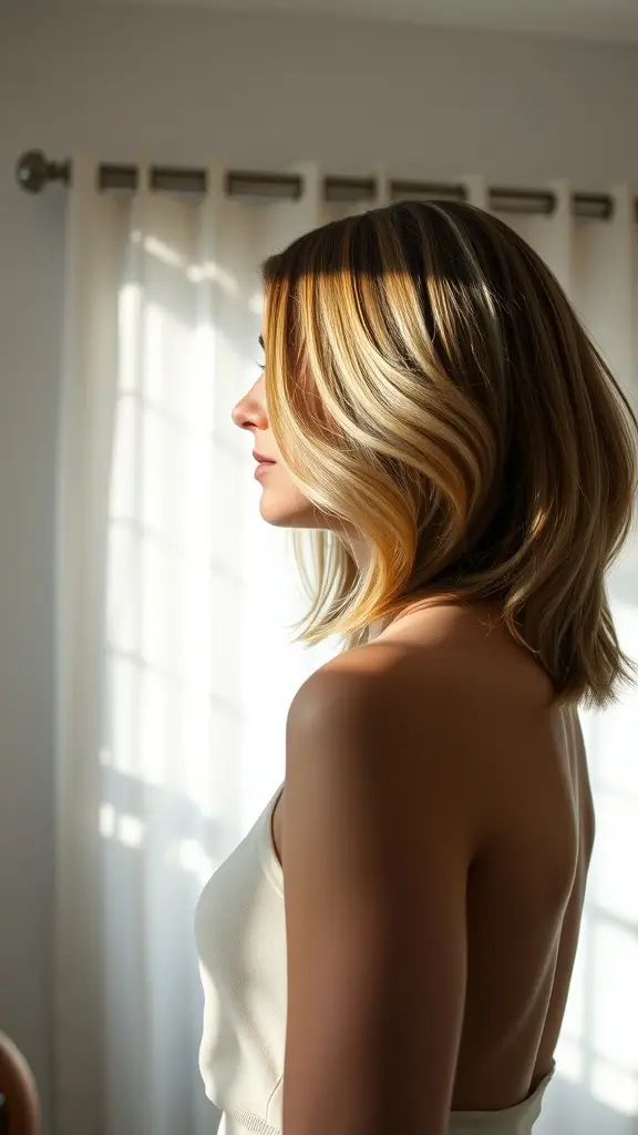 A side view of a woman with a soft layers long bob hairstyle, highlighted by natural light through curtains.