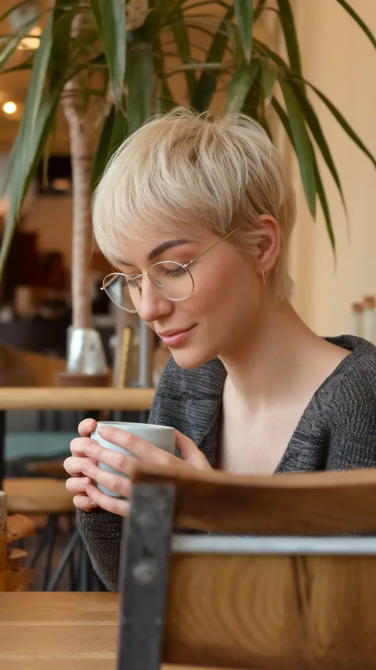 A woman with a soft pixie haircut and textured fringe, holding a cup in a cozy setting.