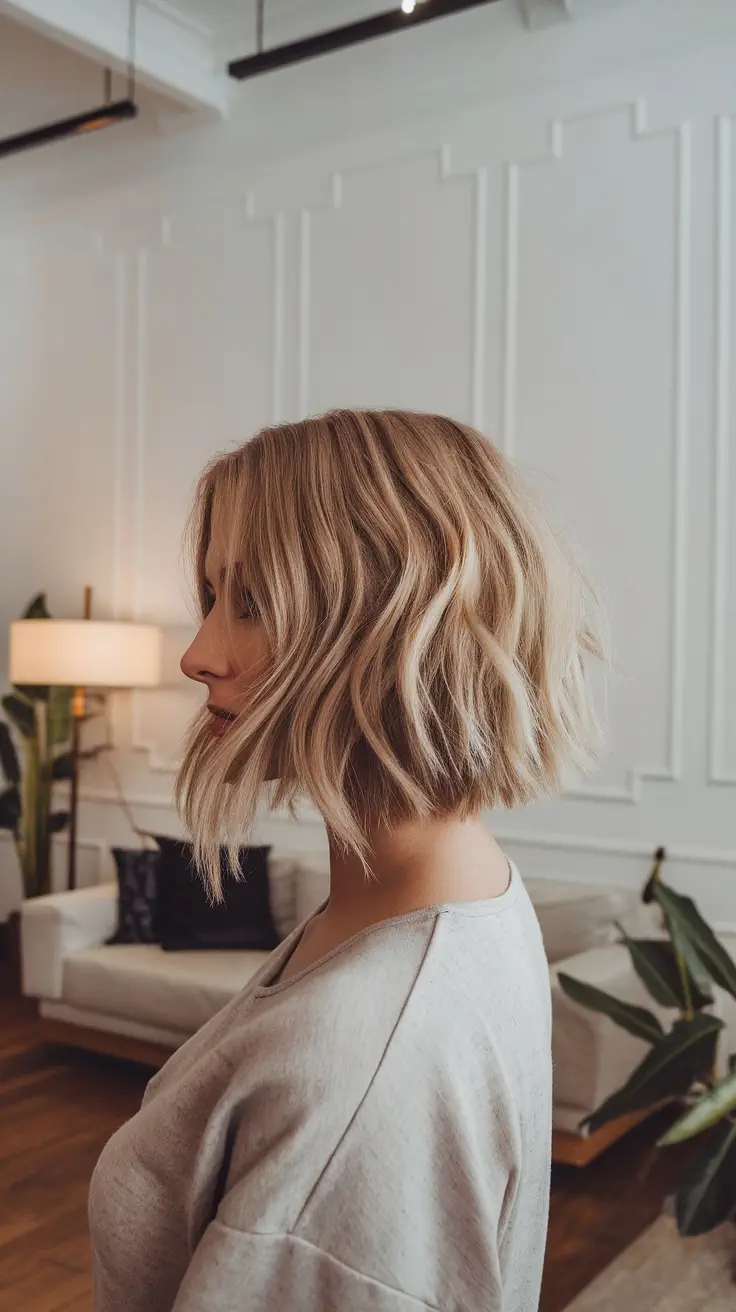 A woman with a soft textured bob hairstyle, featuring loose waves and a simple, casual look.
