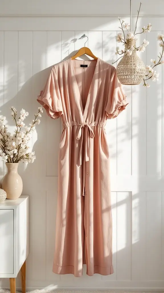 A soft pastel jumpsuit hanging on a wall with flowers in a vase beside it