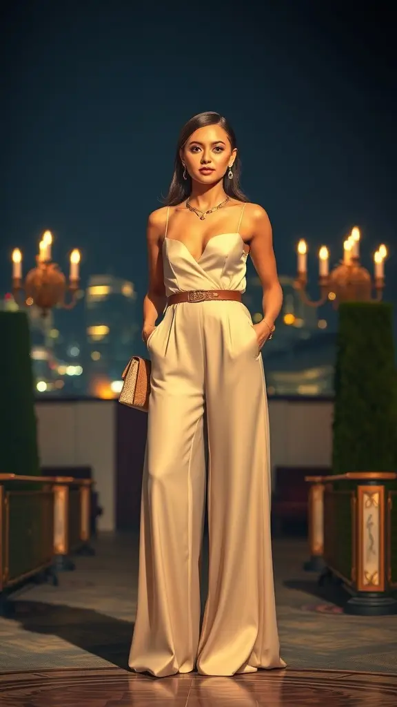 A woman wearing a sophisticated neutral jumpsuit standing elegantly at a formal event