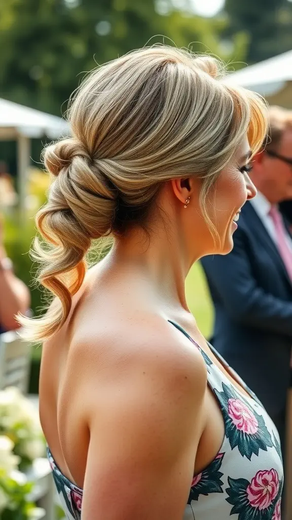 A woman with a sophisticated low ponytail, showcasing shiny hair.