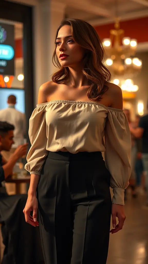 A woman wearing an off-the-shoulder blouse and high-waisted pants, showcasing a sophisticated evening outfit.
