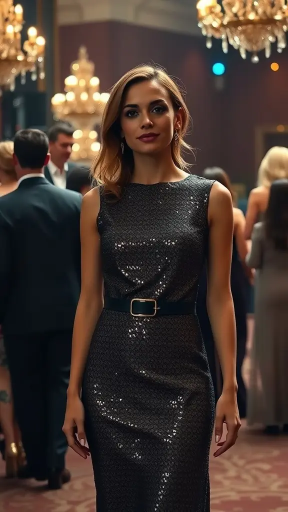 A woman in a sophisticated sequined dress with a belted waist, surrounded by people in an elegant setting.