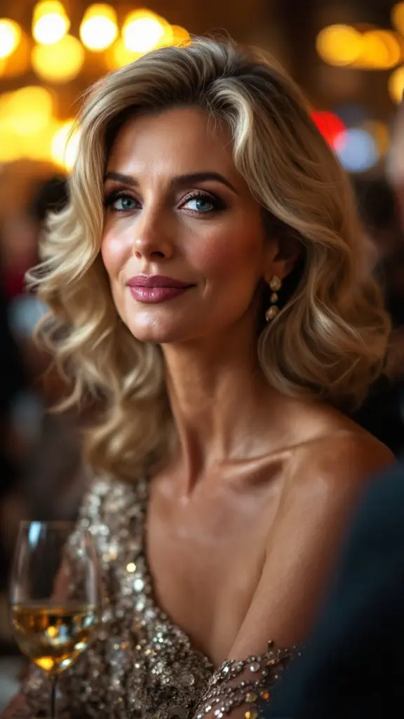 A woman with soft, wavy hair styled in side-swept waves, wearing subtle makeup and elegant earrings.