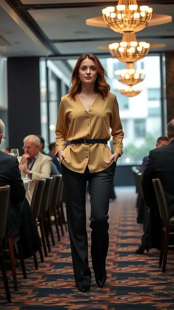 A woman wearing a gold tunic and black tailored trousers walking confidently in a stylish setting.