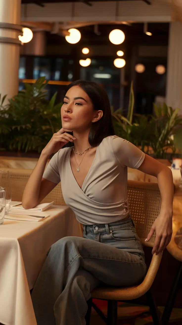 A woman in a sophisticated wrap top and straight-leg jeans, standing in a stylish restaurant.