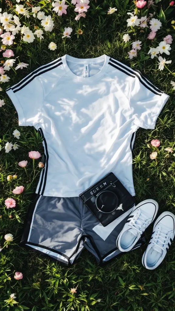 Athleisure wear featuring a white tee, gray shorts, and sneakers set on grass with flowers.