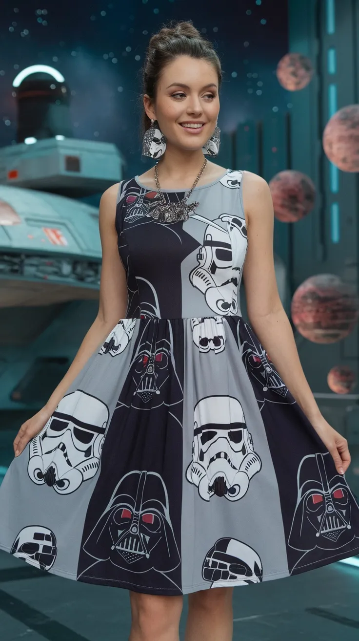 A woman wearing a Star Wars themed dress featuring Darth Vader and Stormtrooper prints, with matching accessories.