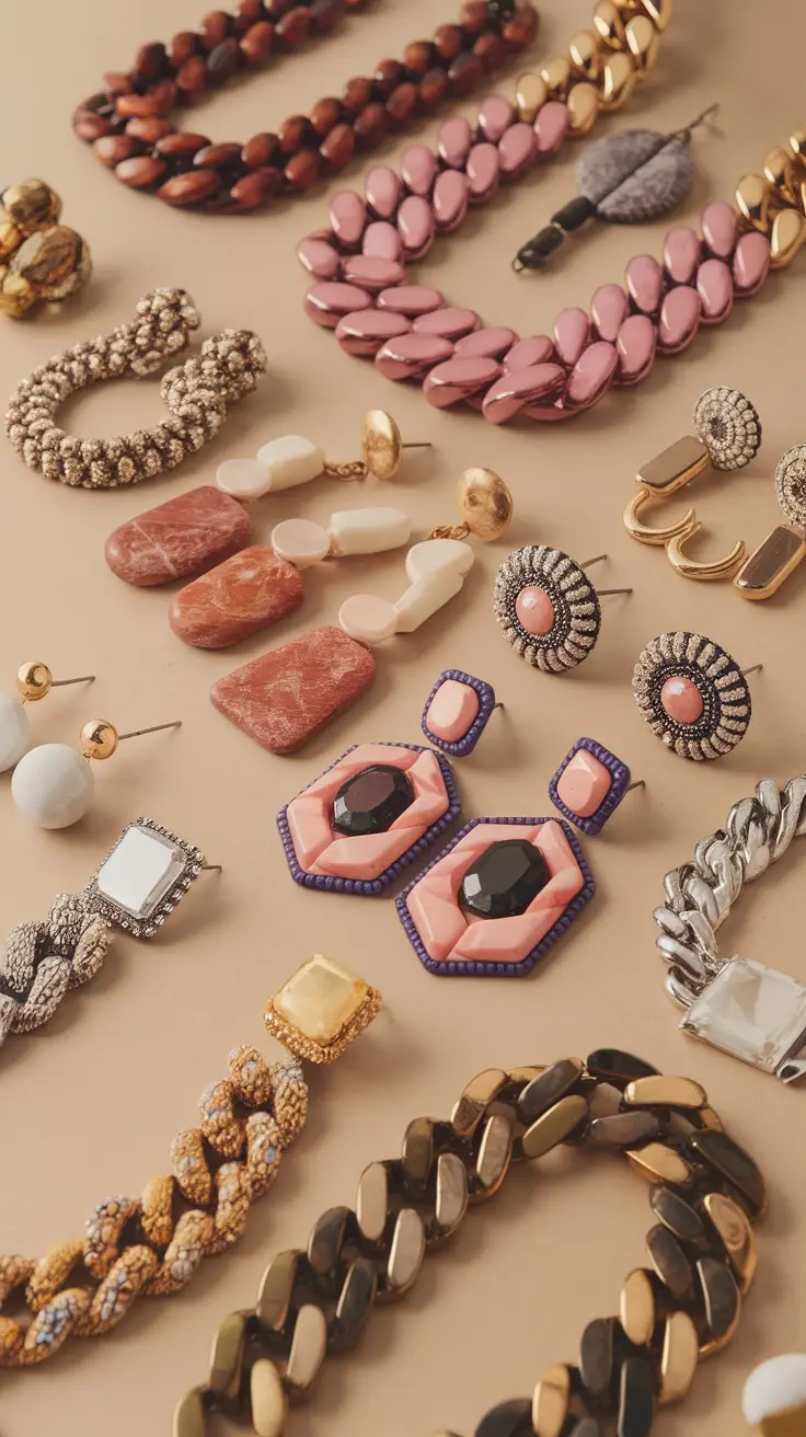 A variety of statement jewelry pieces including necklaces, earrings, and bracelets laid out on a neutral background.