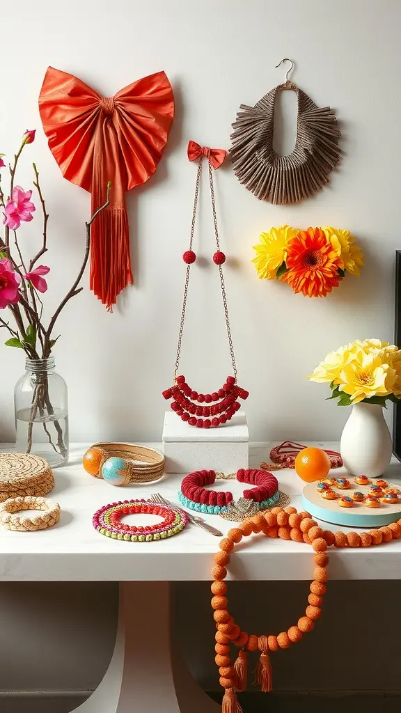 A beautifully arranged table with colorful vases, flowers, and a clock, embodying a fresh spring aesthetic.