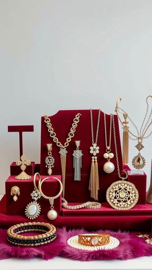 A collection of elegant jewelry including necklaces, earrings, and bracelets displayed on a red velvet background.