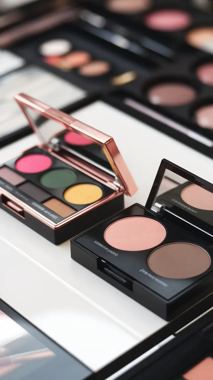 An assortment of colorful makeup palettes arranged neatly on a table.
