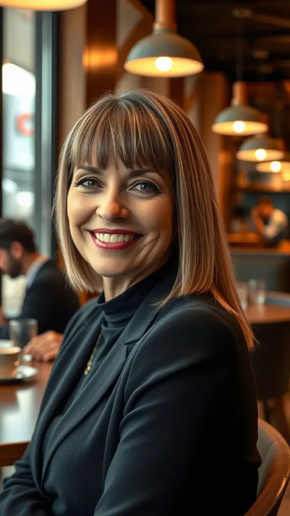 A woman with straight hair and chic bangs, smiling in a modern cafe.