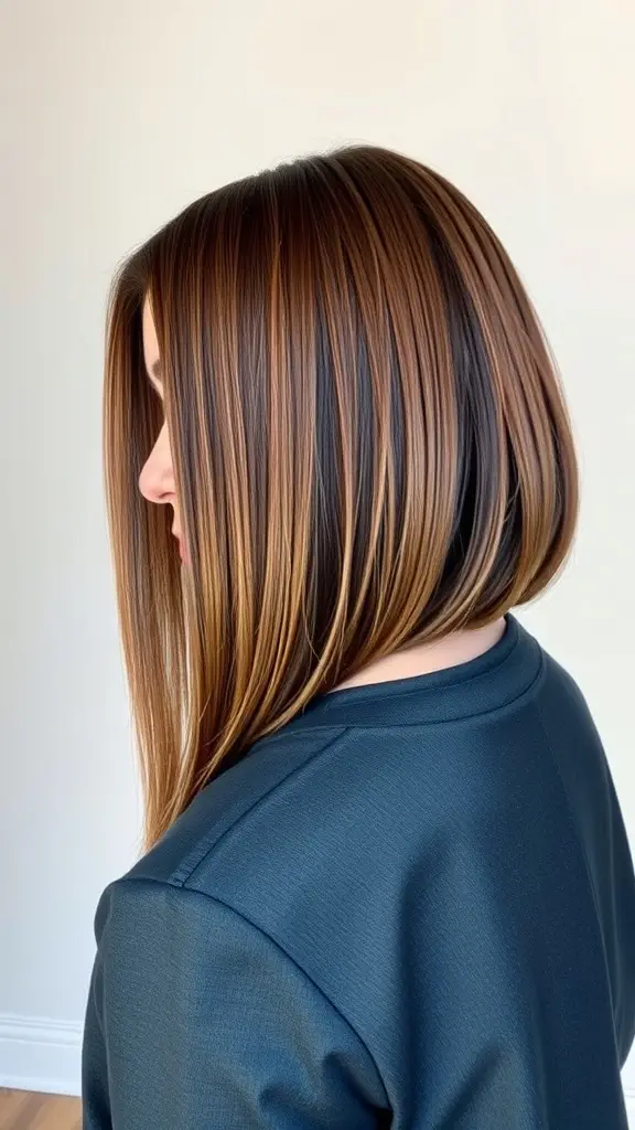 A woman with straight long bob hairstyle with tucked ends, showcasing sleek and smooth hair.