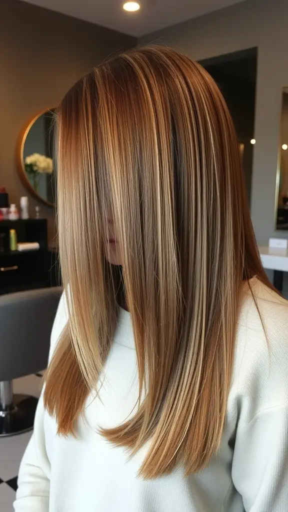 A woman with a straight long bob hairstyle featuring warm, honey-blonde highlights, showcasing volume and sleekness.