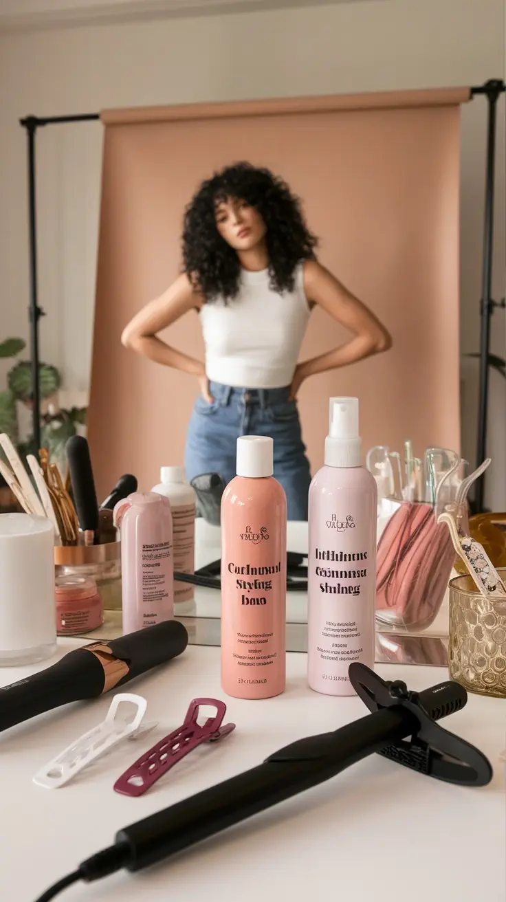 A variety of styling products for short curly hair displayed on a vanity, including bottles of curl-enhancing cream and gel, alongside styling tools.